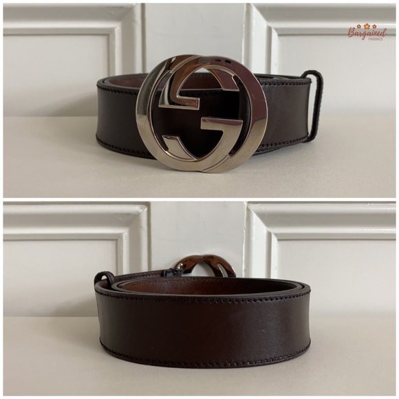 Authentic Gucci Brown Calfskin Leather Silver Interlocking G Buckle Belt 85/34 - Picture 3 of 13